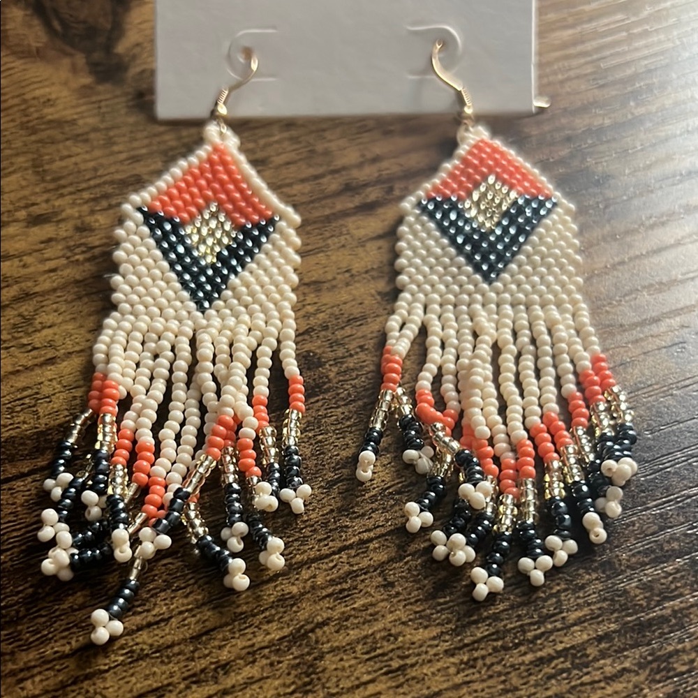 Handcrafted Beaded Fringe Earrings - Orange, Blue, Cream